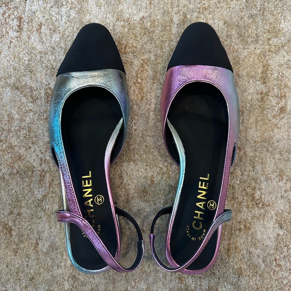 CHANEL Women's Iridescent Slingback Heels - Black and Purple
